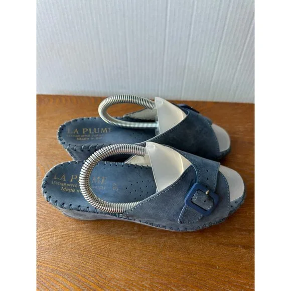 La Plume Women's Size 38 Blue Leather Slip-On Sandals With Buckle Accent Sz 6.5 - Picture 2 of 9